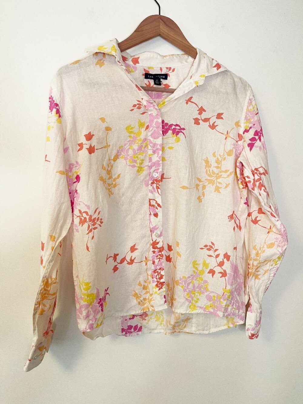 Lands’ End Women’s S 6-8 100% Linen Floral Button Down Shirt Pink Orange Garden